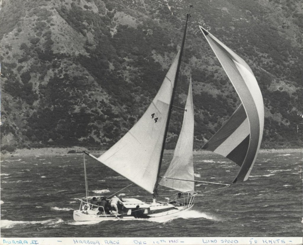 Aurora blasting along under spinnaker in a Wellington gale (Les McDonald Collection)