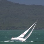 Pelagian rounds up near Rangitoto in a strong puff on her way home from a family cruise (Kurt Boyle Collection)