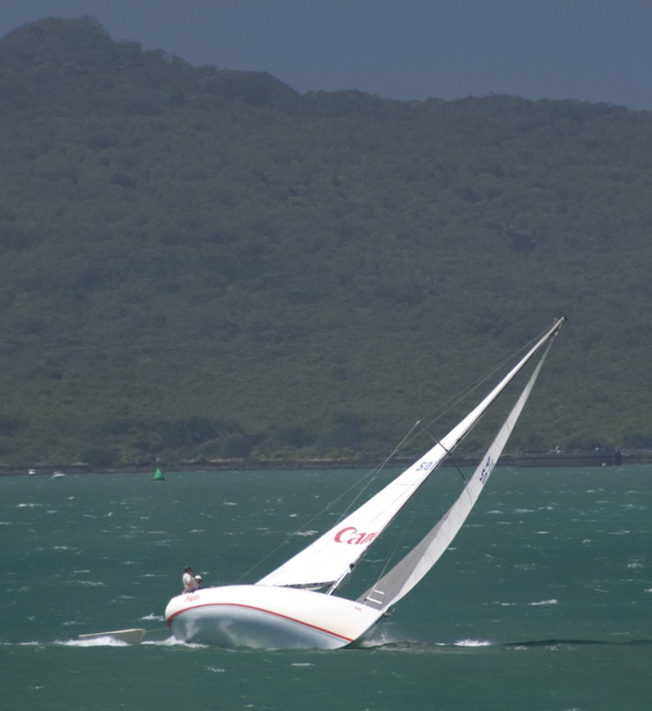 Pelagian rounds up near Rangitoto in a strong puff on her way home from a family cruise (Kurt Boyle Collection)