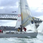 Playbuoy's crack crew setting the kite after a mark rounding in the 2007 Stewart Championships  (Stewart Association Collection)