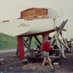 Polaris, sporting a new spade rudder, is readied for re-launching (Harold Blampied)