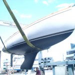 Nice bum! Princess' fine hull was used for the mould to build fibreglass Stewarts.  She is shown being launched after a major refit in 2005. (George Backhus)