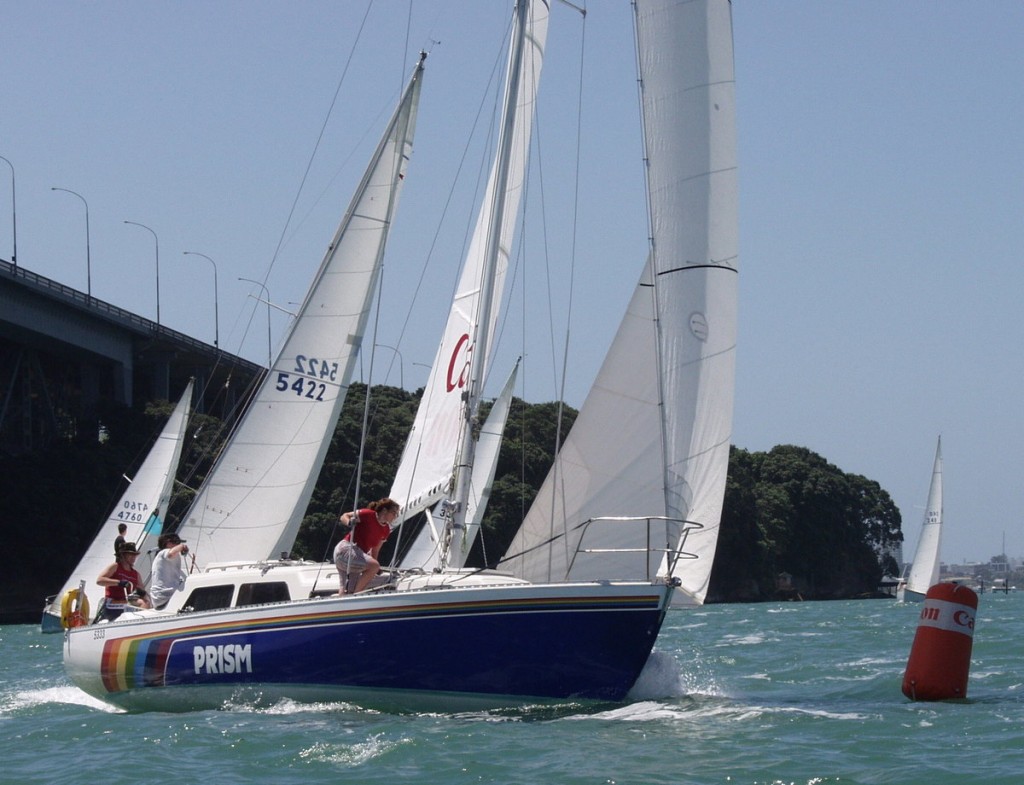 Prism, the most colourful yacht in the fleet, rounds the top mark in the 2003 Stewart Championships (Charles Scoones)