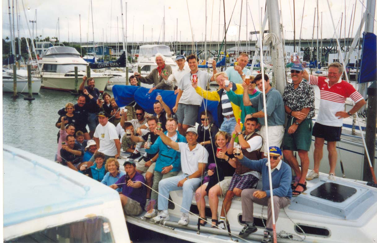 People, approx 35 aboard Pionnier last rum race of 1998, westhaven