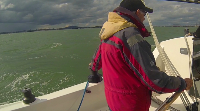 Bill at the Helm of Pionnier on Anzac day 2014